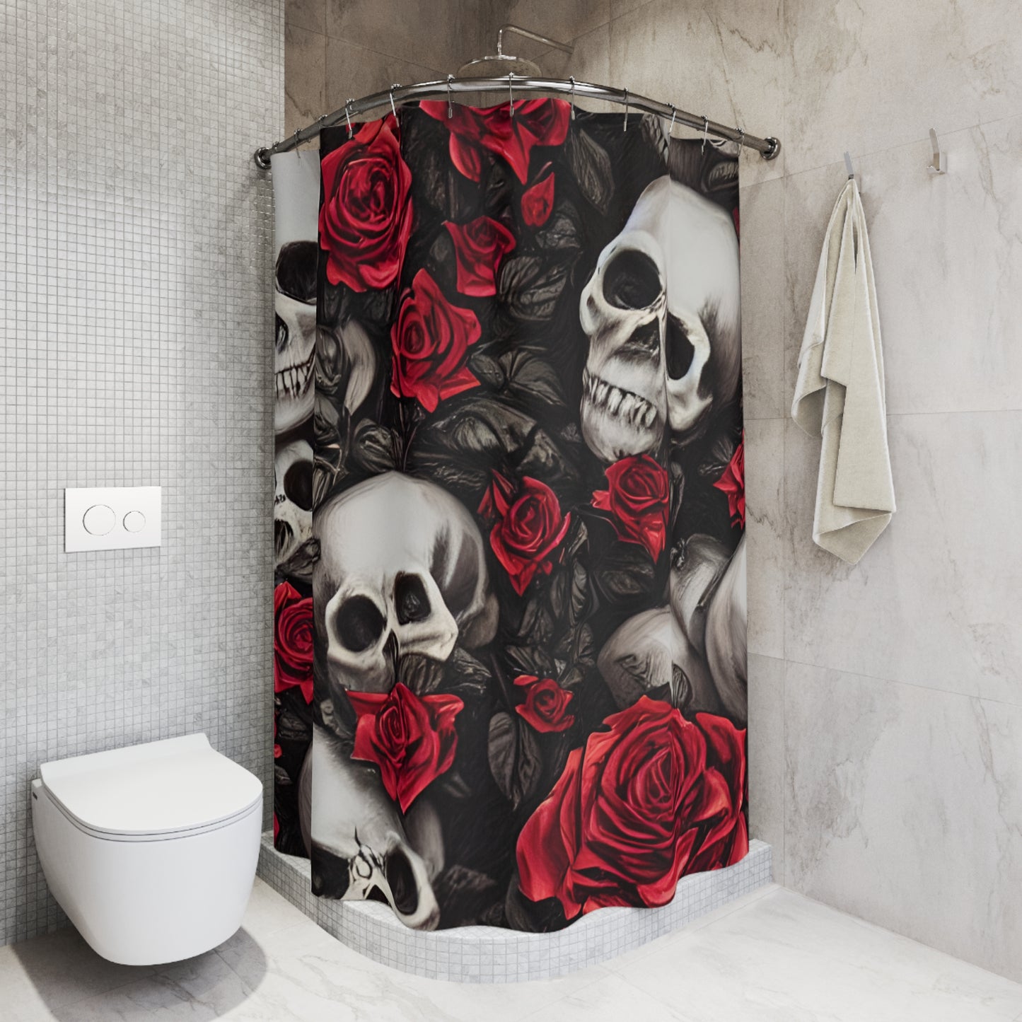 Hyper Realistic Skulls and Red Roses by artist Anne-Laure Polyester Shower Curtain