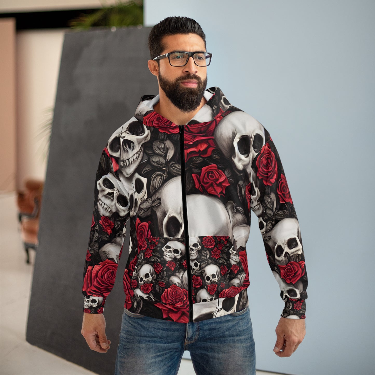 Skulls with Red Roses Hyper Realistic by French Artist Anne-Laure Goupil Unisex Zip Hoodie (AOP)