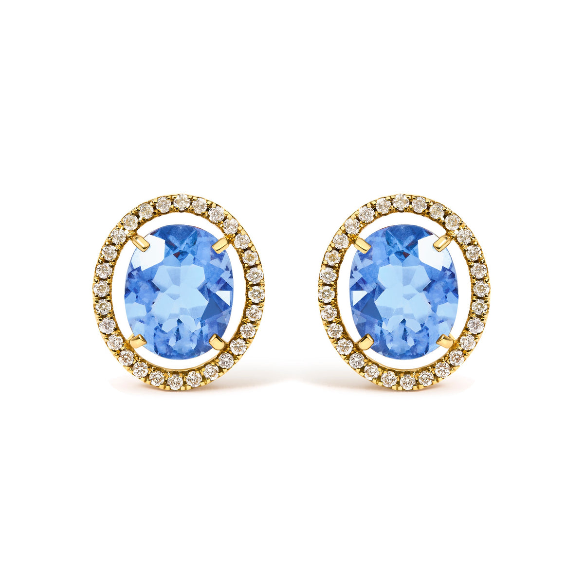 18K Yellow Gold 8X10 MM Blue Fluorite Oval and 1/2 Cttw Diamond Halo Stud Earrings
