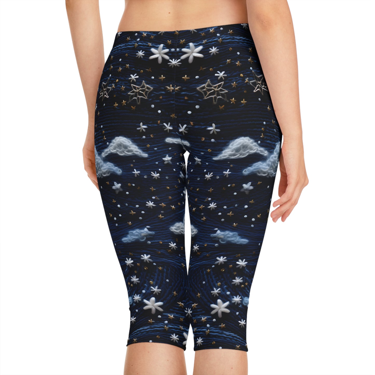 Women's Capri Leggings with Faux Embroidered Night Sky Pattern - AOP Fitness & Yoga Leggings Women's Capri Leggings (AOP)