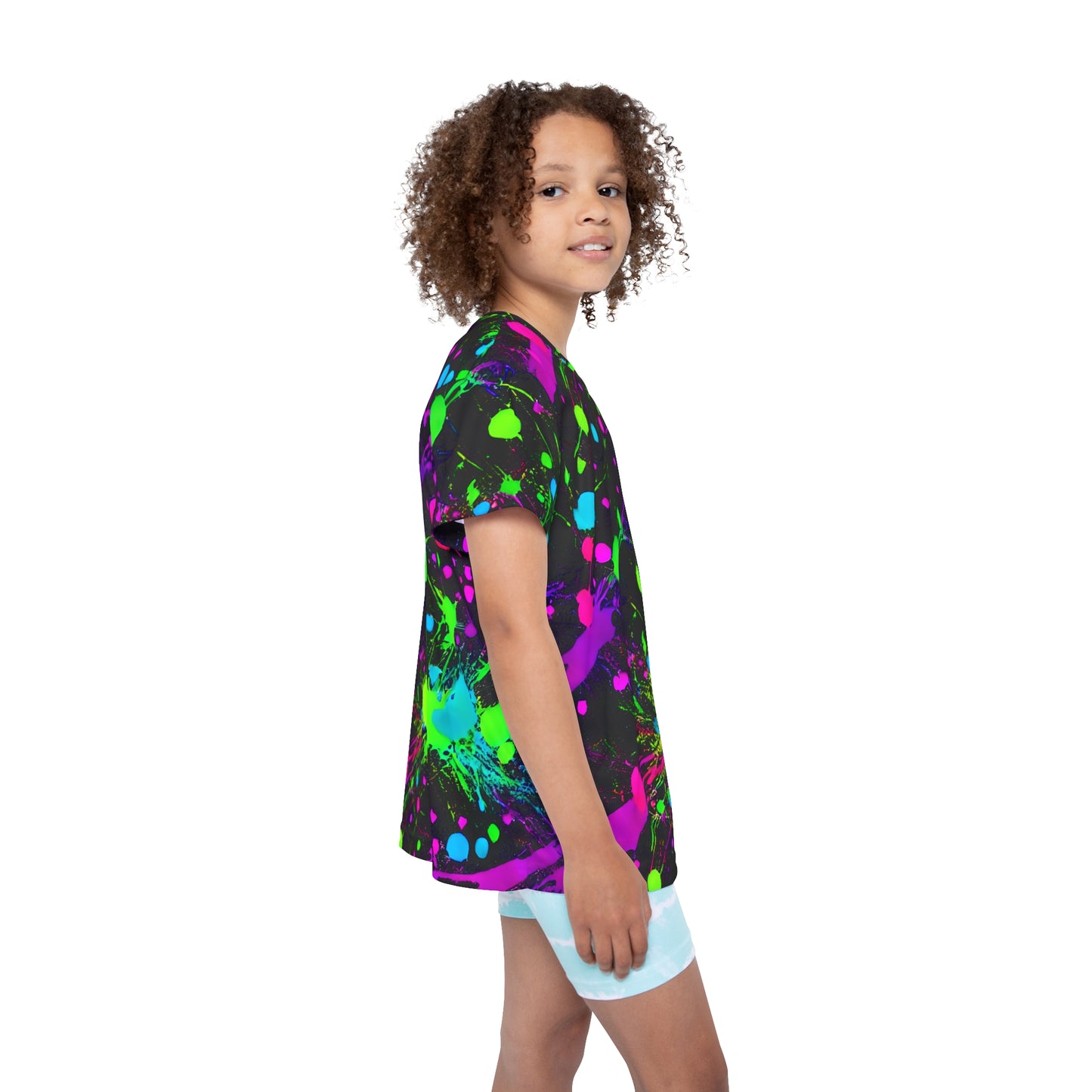 Expressive Play: All Over Print Kid Sport Jersey with Green and Pink Paint Splats