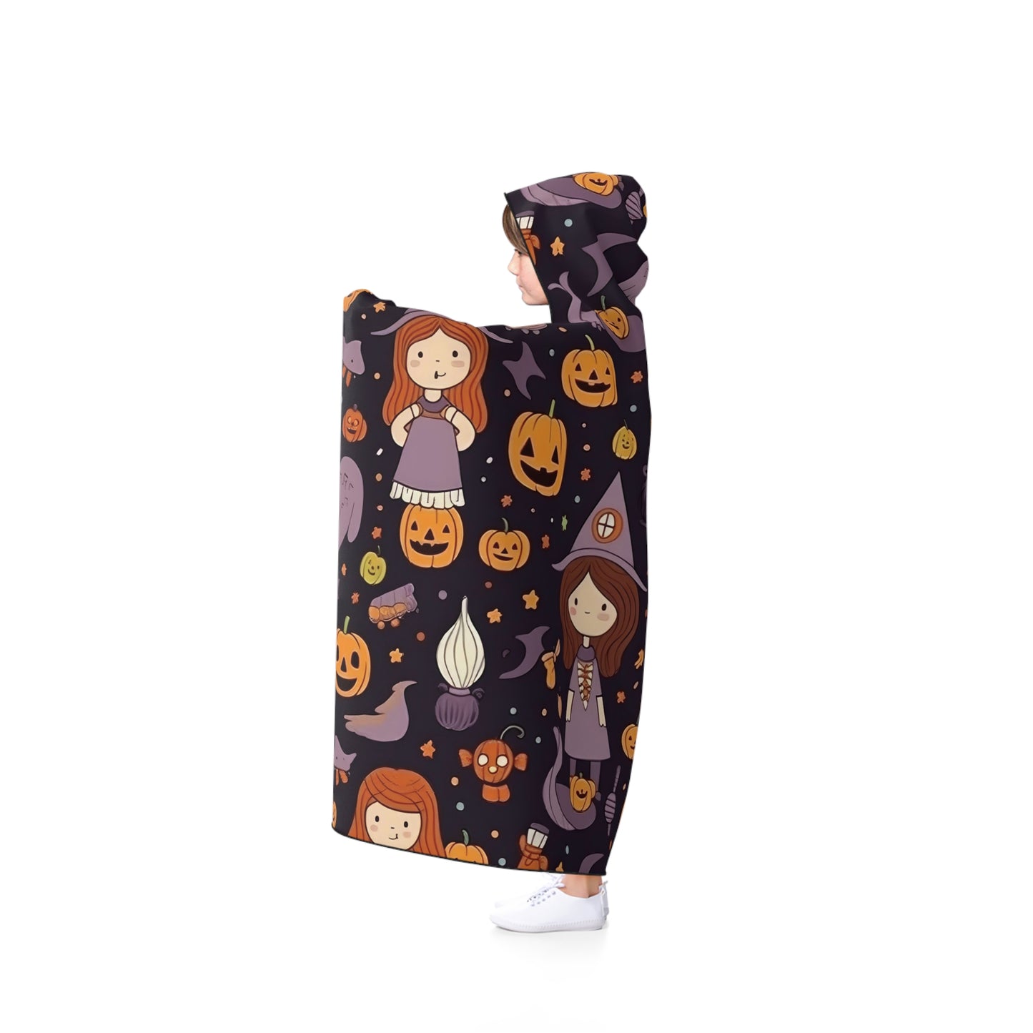 Halloween Trick or Treat Ghosts Witch Hats Jack o Lanterns Hooded Blanket