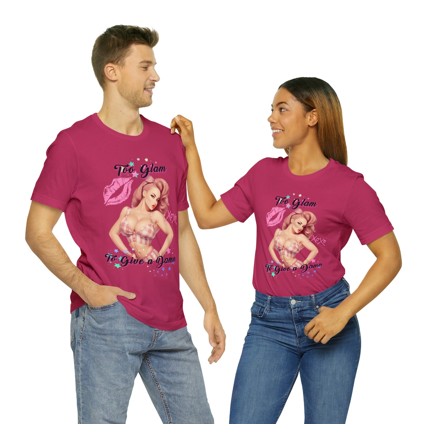 Vintage Pink Pinup Girl "Too Glam To Give a D*mn" on a Bella+Canva 3001 Unisex Jersey T-Shirt - A Must-Have Gift for her