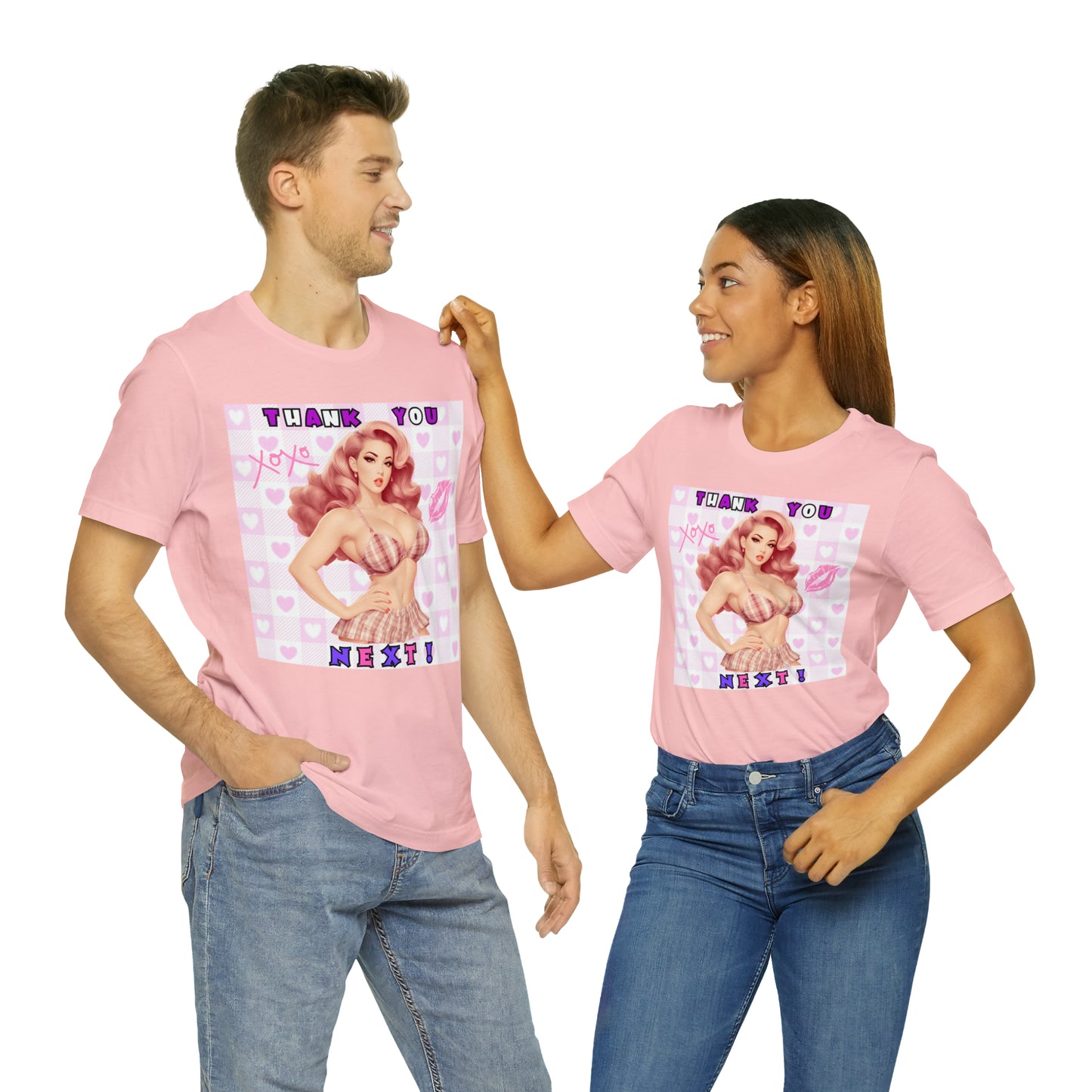 Timeless Elegance: Vintage Pink Pinup Girl "Thank You Next" on a Bella+Canva 3001 Unisex Jersey T-Shirt - A Must-Have Gift for her