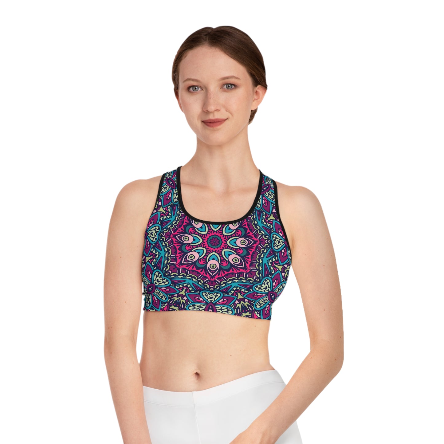 Purple Boho Vibes Sports Bra - AOP Design for Comfort and Style