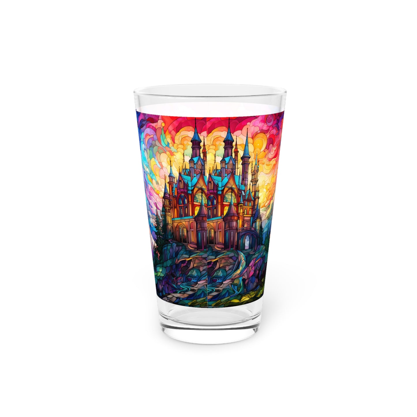 Enchanted Castle by the Creek: A Magical Stained Glass Artwork on a 16oz Pint Glass Gift idea, gifts for home decor, housewarming gift