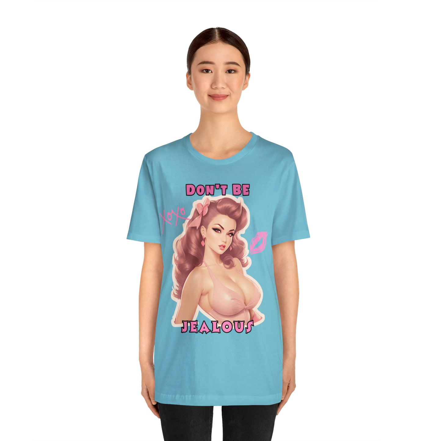 Timeless Elegance: Vintage Pink Pinup Girl "Don't Be Jealous" on a Bella+Canva 3001 Unisex Jersey T-Shirt - A Must-Have Gift for her