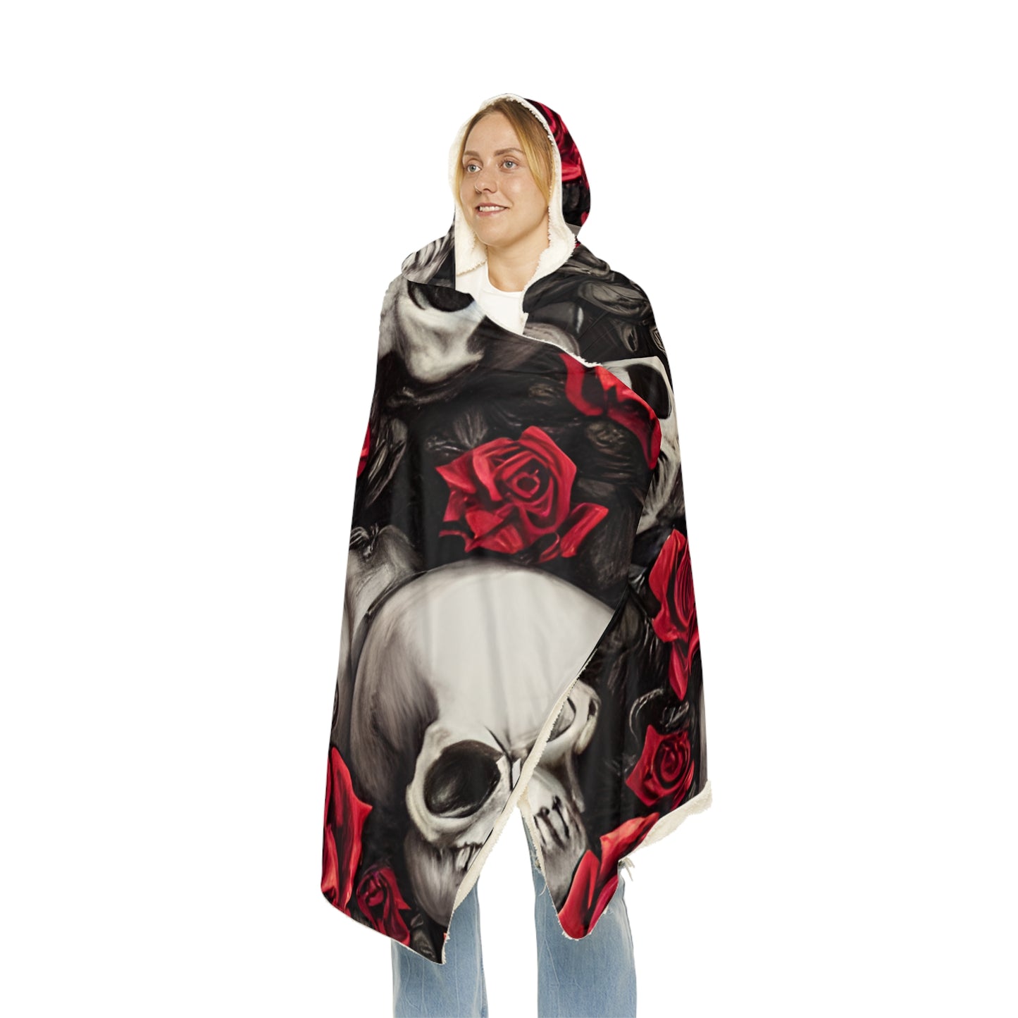 Artistry in Every Thread: AOP Snuggle Blanket with Hyper-Realistic Skulls and Red Roses by Anne-Laure Goupil