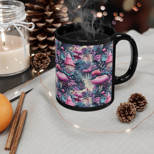 Fairy Garden Wonderland Cottages in a Enchanted Forest Mug with Whimsical Cottages and Pink Mushrooms in Fairycore Style 11oz Black Mug