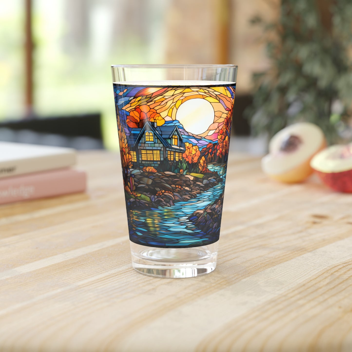 Rural Serenity: a charming farmhouse nestled amidst lush greenery, near a babbling brook 16oz Pint Glass Gift idea gifts for home decor housewarming gift