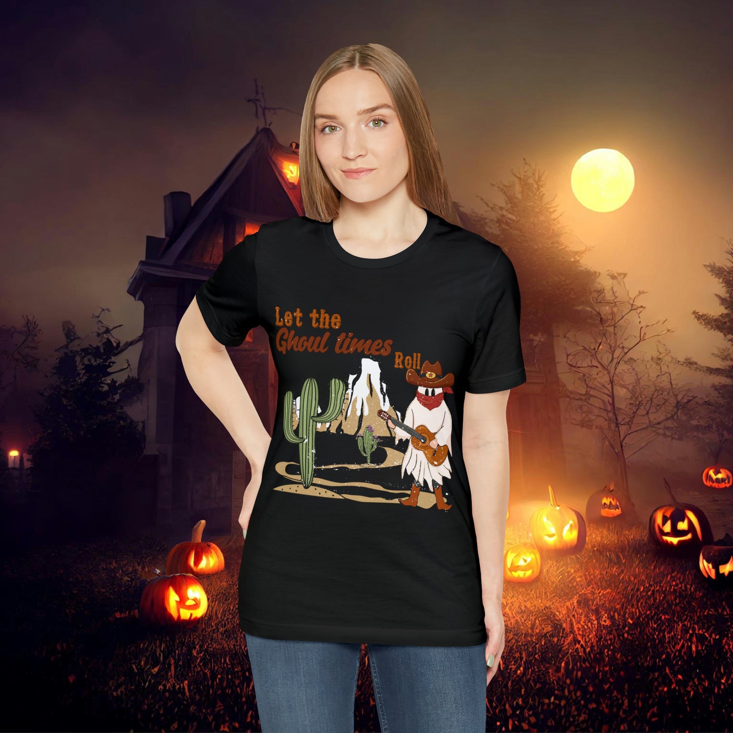 Cowboy Ghost playing the Guitar singing Let the Ghoul times roll Halloween Unisex Jersey Short Sleeve Tee Gifts for him Gifts for Her