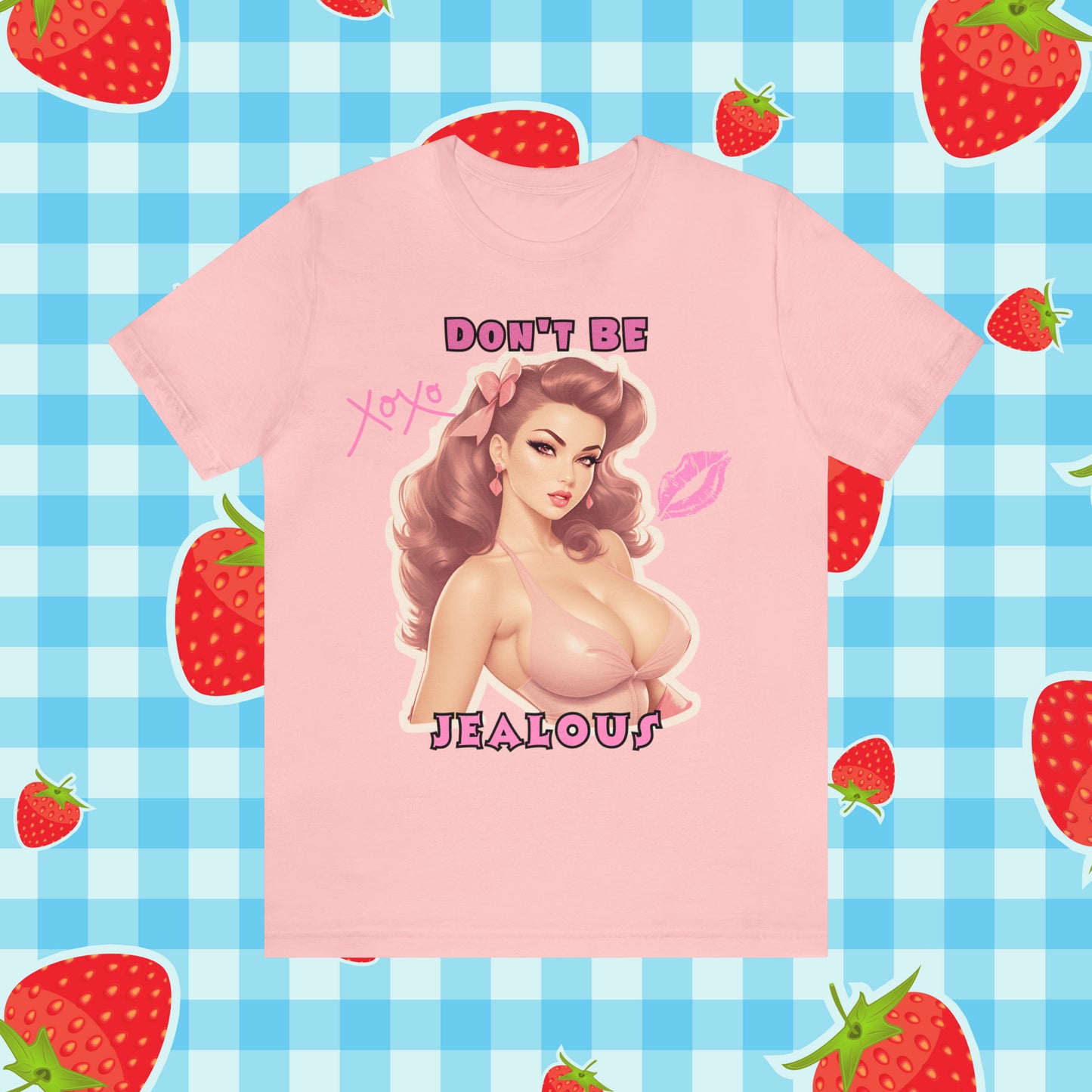 Timeless Elegance: Vintage Pink Pinup Girl "Don't Be Jealous" on a Bella+Canva 3001 Unisex Jersey T-Shirt - A Must-Have Gift for her