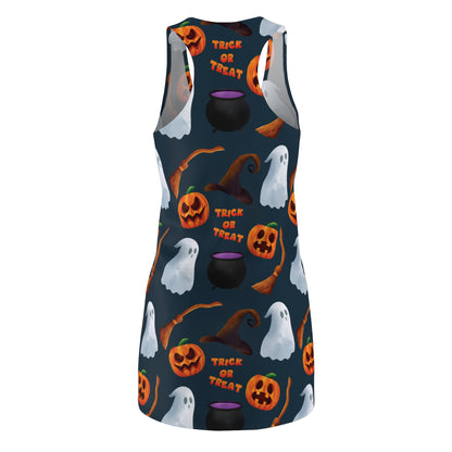 Halloween Trick or Treat Ghosts Witch Hats Jack o Lanterns Women's Cut & Sew Racerback Dress (AOP)
