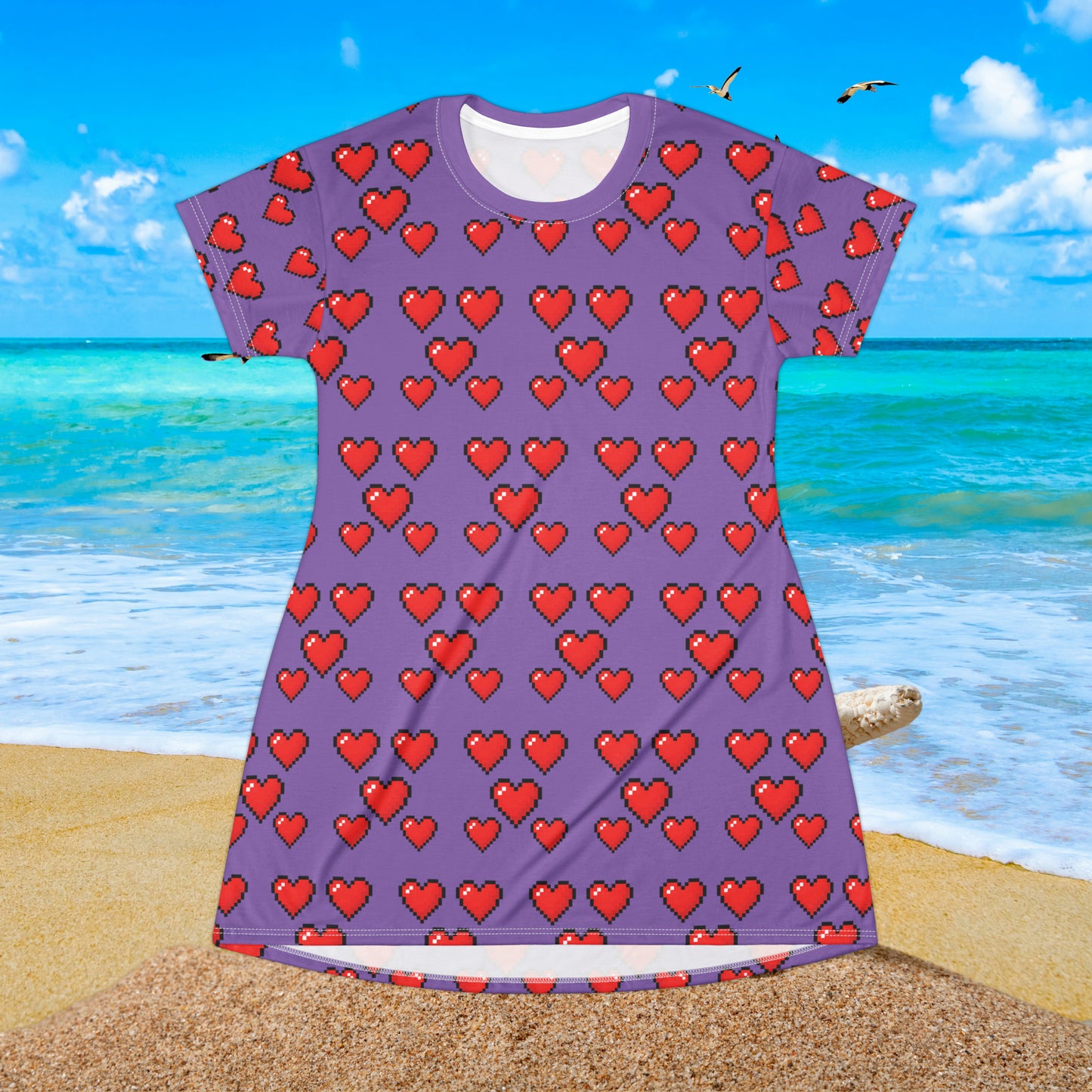 8 bit Heart in Light Purple T-Shirt Dress (AOP)