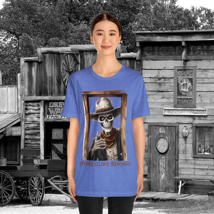 Spooky Saloon Showdown Gunslinging Skeleton Cowboy Halloween Unisex Jersey Short Sleeve Tee