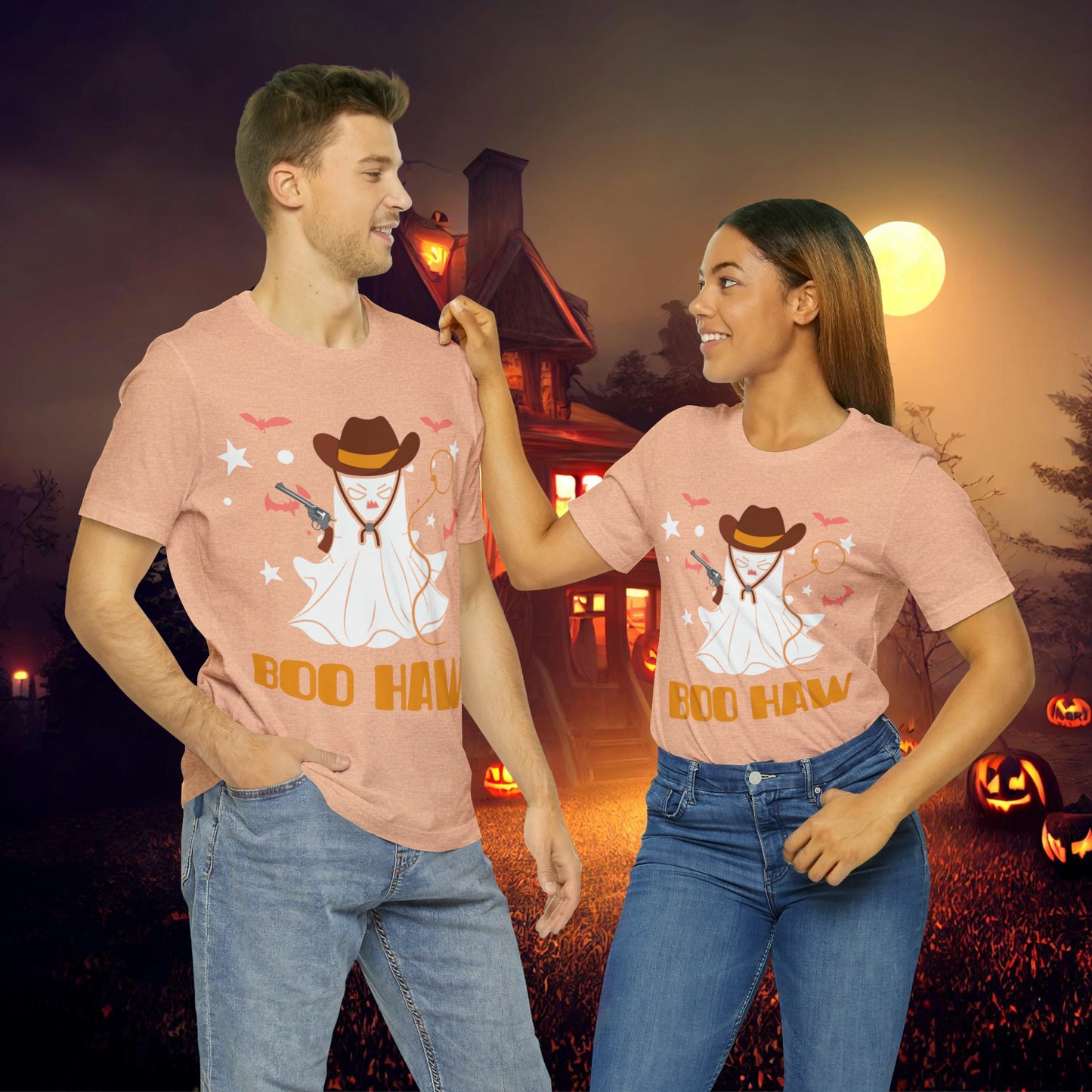 Ghost Cowboy Gunslinger saying Boo Haw Retro Western Halloween Unisex Jersey Short Sleeve Tee Gifts for Her Gifts for Him