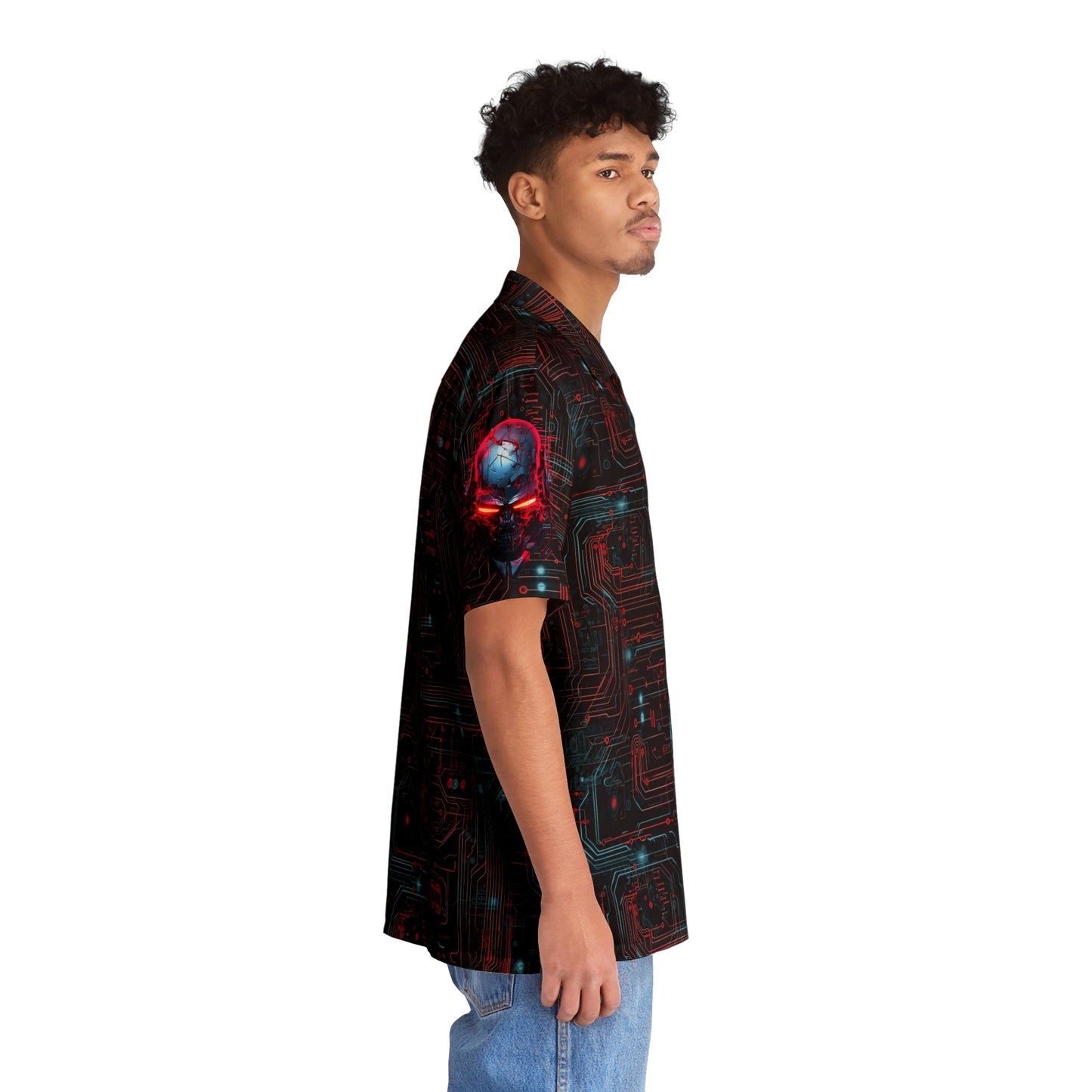 CyberPunk Cybernetic Skull breaking through a Red and Blue Neon Circuit Board Men's Hawaiian Shirt (AOP)