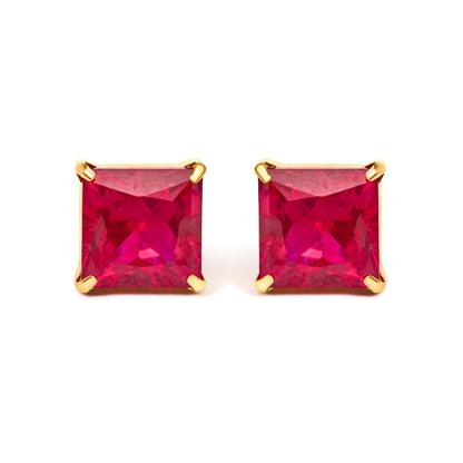 18K Yellow Gold 7x7 MM Created Red Ruby Princess Cut Solitaire Stud Earrings