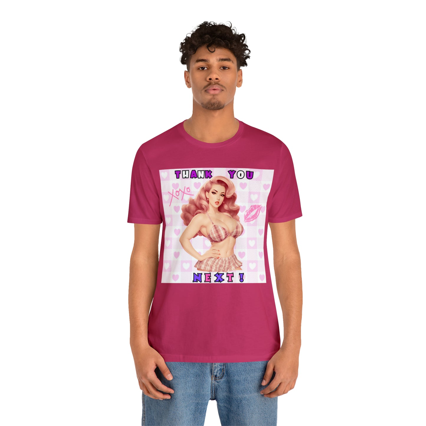 Timeless Elegance: Vintage Pink Pinup Girl "Thank You Next" on a Bella+Canva 3001 Unisex Jersey T-Shirt - A Must-Have Gift for her