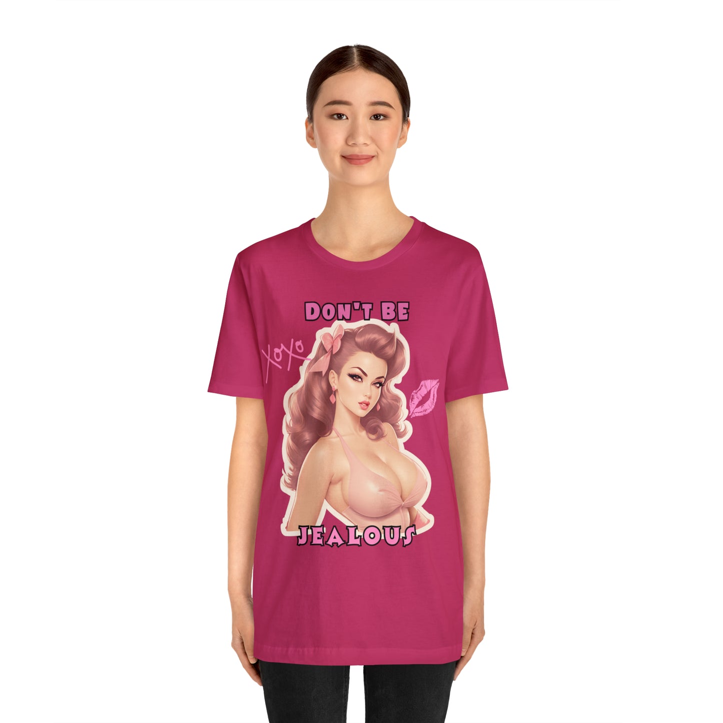 Timeless Elegance: Vintage Pink Pinup Girl "Don't Be Jealous" on a Bella+Canva 3001 Unisex Jersey T-Shirt - A Must-Have Gift for her