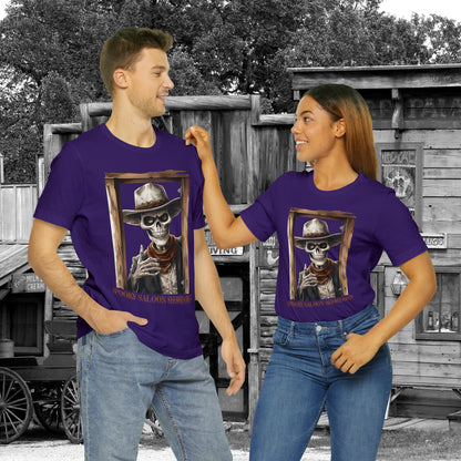 Spooky Saloon Showdown Gunslinging Skeleton Cowboy Halloween Unisex Jersey Short Sleeve Tee