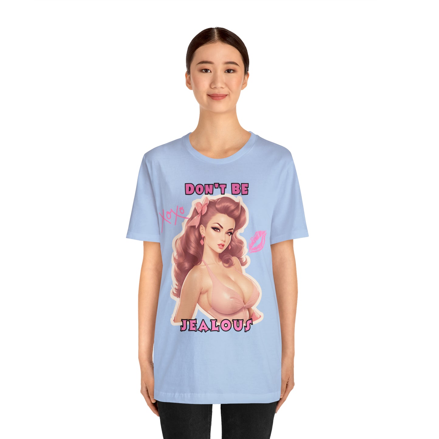 Timeless Elegance: Vintage Pink Pinup Girl "Don't Be Jealous" on a Bella+Canva 3001 Unisex Jersey T-Shirt - A Must-Have Gift for her