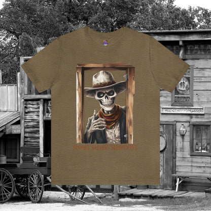 Spooky Saloon Showdown Gunslinging Skeleton Cowboy Halloween Unisex Jersey Short Sleeve Tee