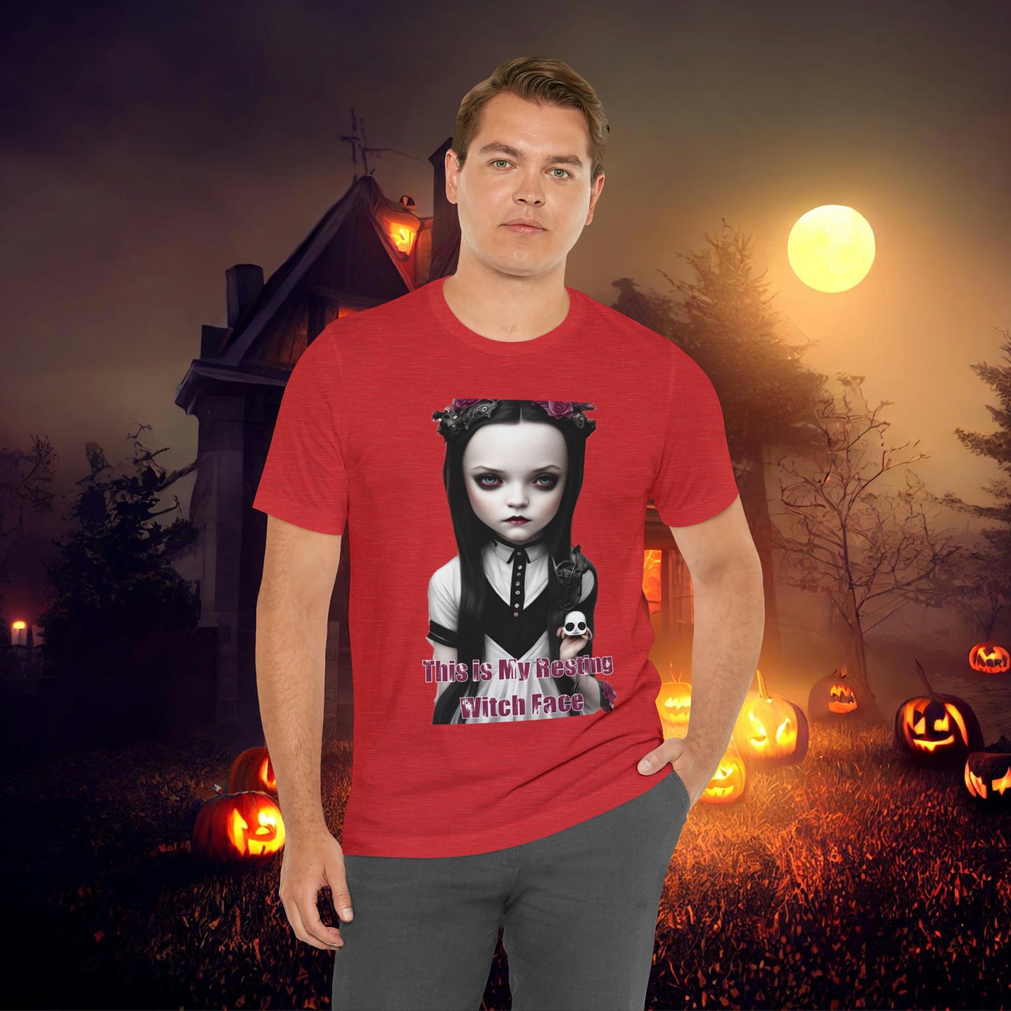 Wednesday Addams Chibi by Charlie Bowater This Is my Resting Witch Face Halloween Unisex Jersey Short Sleeve Tee