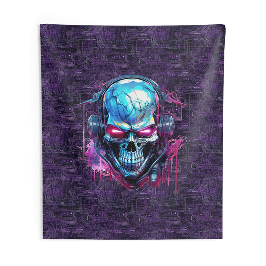 Cyber Punk Robotic Skull on Purple Neon Circuit Board Indoor Wall Tapestries