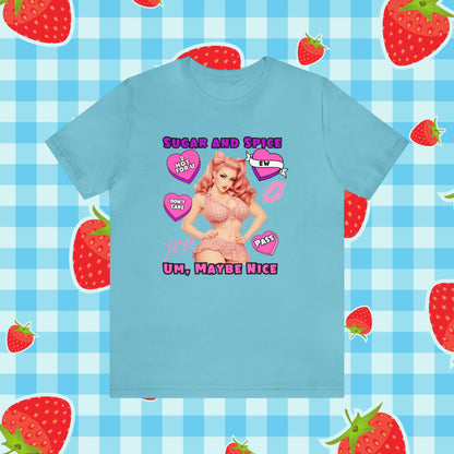 Sarcastic Elegance: Vintage Pink Pinup Girl "Sugar and Spice" on a Bella+Canva 3001 Unisex Jersey T-Shirt - A Must-Have Gift for her