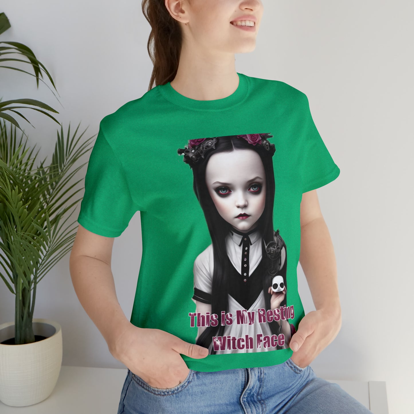 Wednesday Addams Chibi by Charlie Bowater This Is my Resting Witch Face Halloween Unisex Jersey Short Sleeve Tee