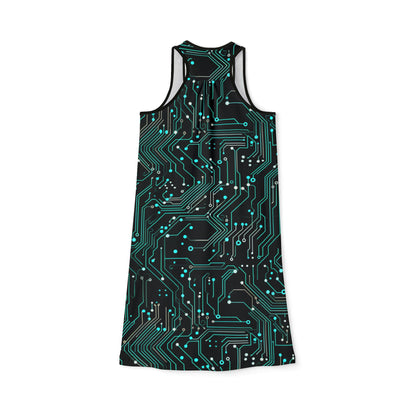 Glowing Gridlines: Cyberpunk Women's Tech-Inspired Racerback Dress - Circuit Design