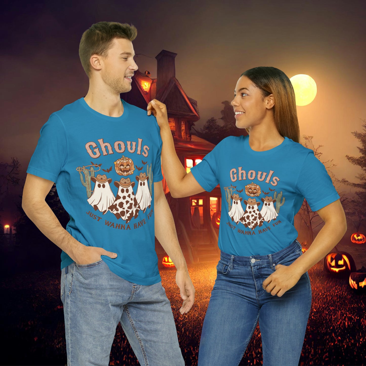 Ghouls Just wanna have fun Cowgirl Ghosts Retro Halloween Unisex Jersey Short Sleeve Tee Gifts for her