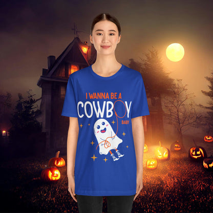 Little Ghost Saying I wanna be a cowboy baby Retro Groovy Western Halloween Unisex Jersey Short Sleeve Tee Gifts for Him Gifts for her.