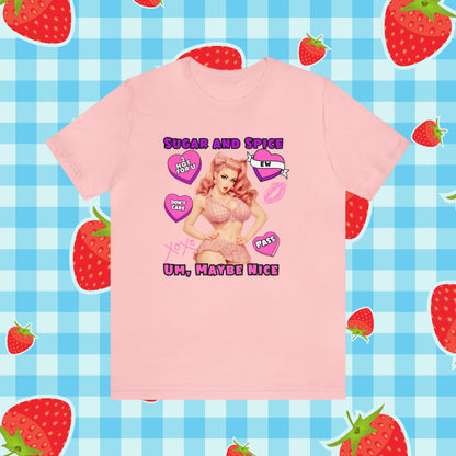 Sarcastic Elegance: Vintage Pink Pinup Girl "Sugar and Spice" on a Bella+Canva 3001 Unisex Jersey T-Shirt - A Must-Have Gift for her