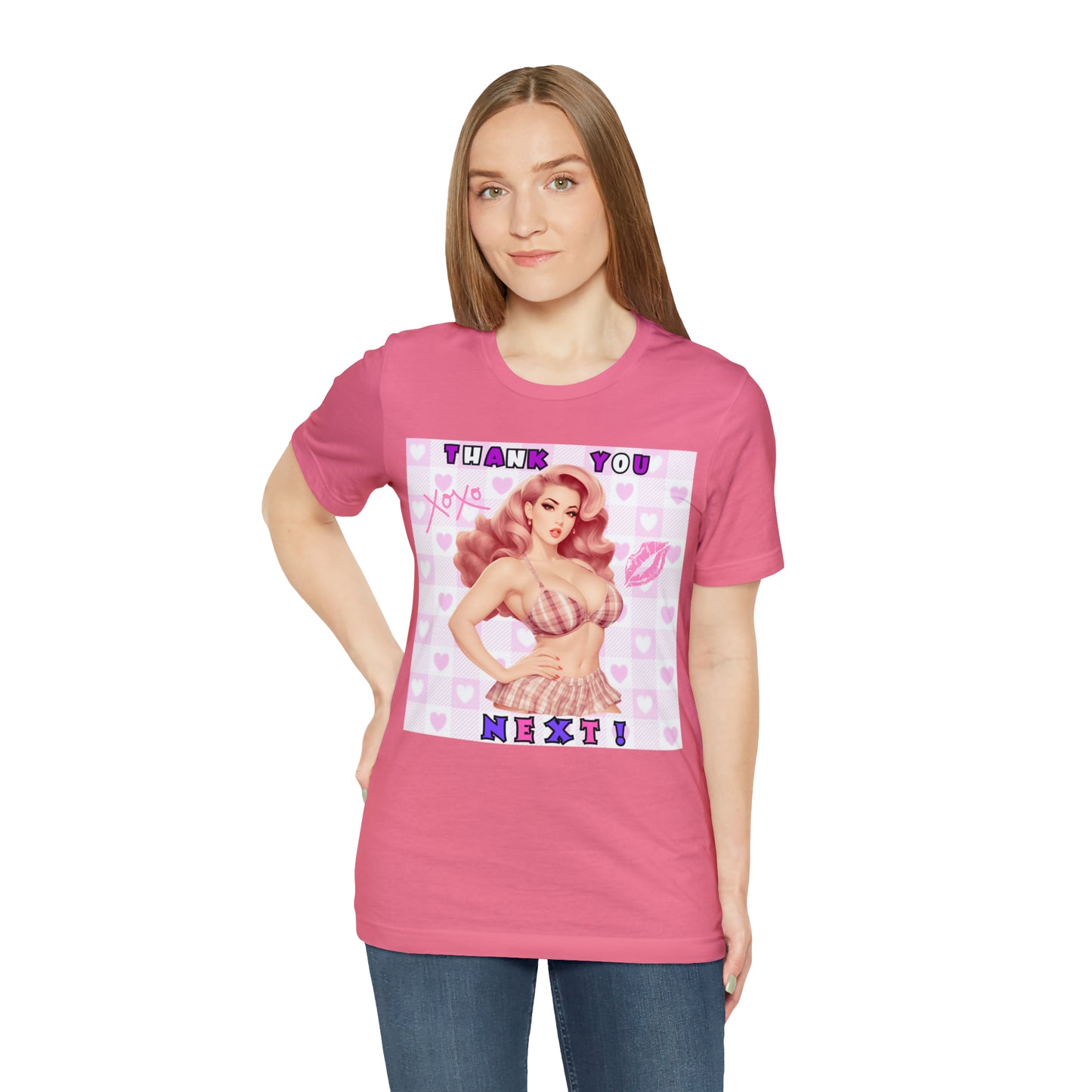 Timeless Elegance: Vintage Pink Pinup Girl "Thank You Next" on a Bella+Canva 3001 Unisex Jersey T-Shirt - A Must-Have Gift for her