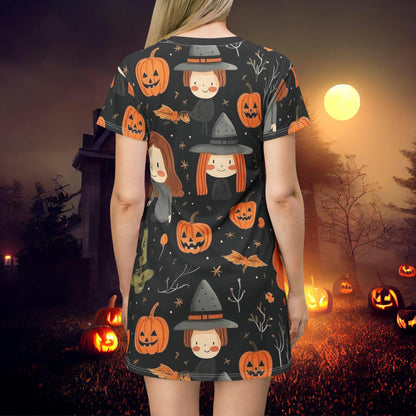 Halloween Trick or Treat Ghosts Witch Hats Jack o Lanterns T-Shirt Dress (AOP)