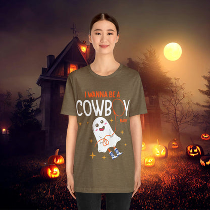 Little Ghost Saying I wanna be a cowboy baby Retro Groovy Western Halloween Unisex Jersey Short Sleeve Tee Gifts for Him Gifts for her.