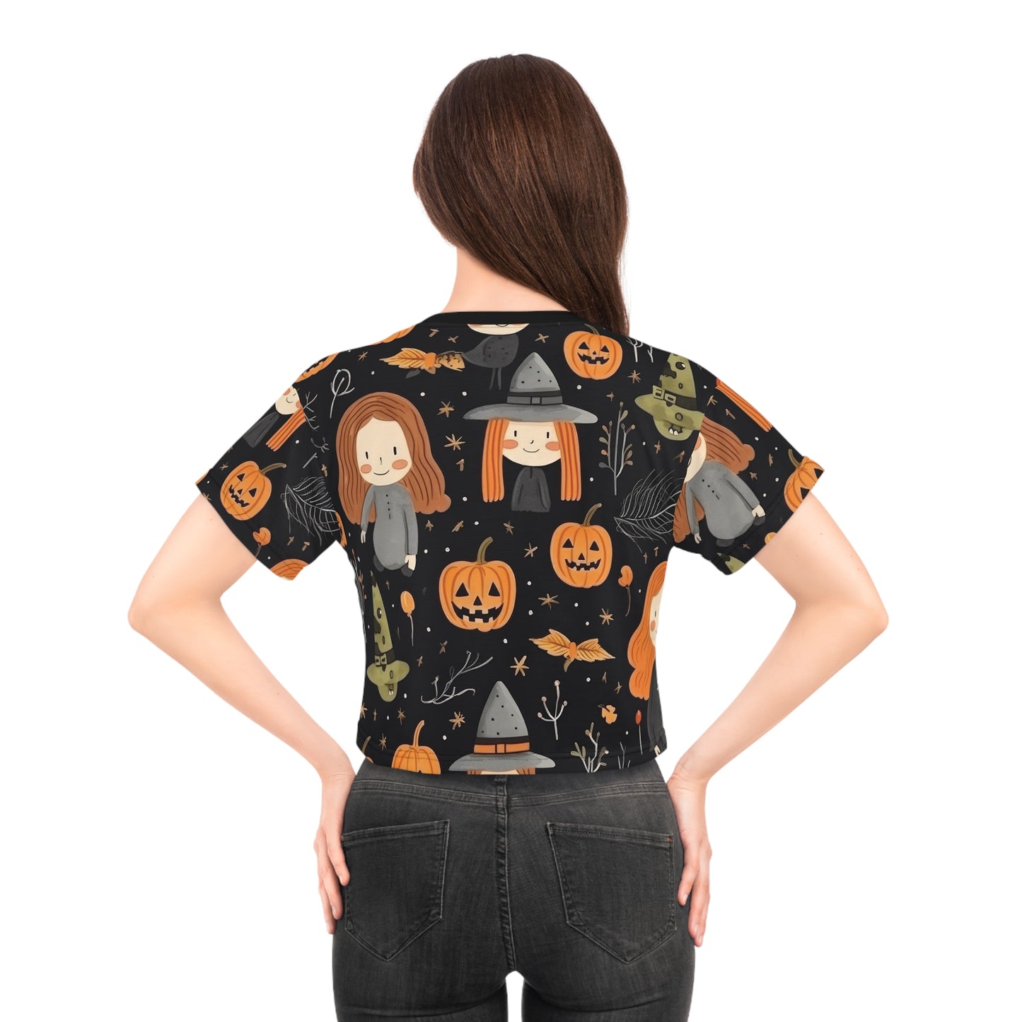 Halloween Trick or Treat Ghosts Witch Hats Jack o Lanterns Crop Tee (AOP)