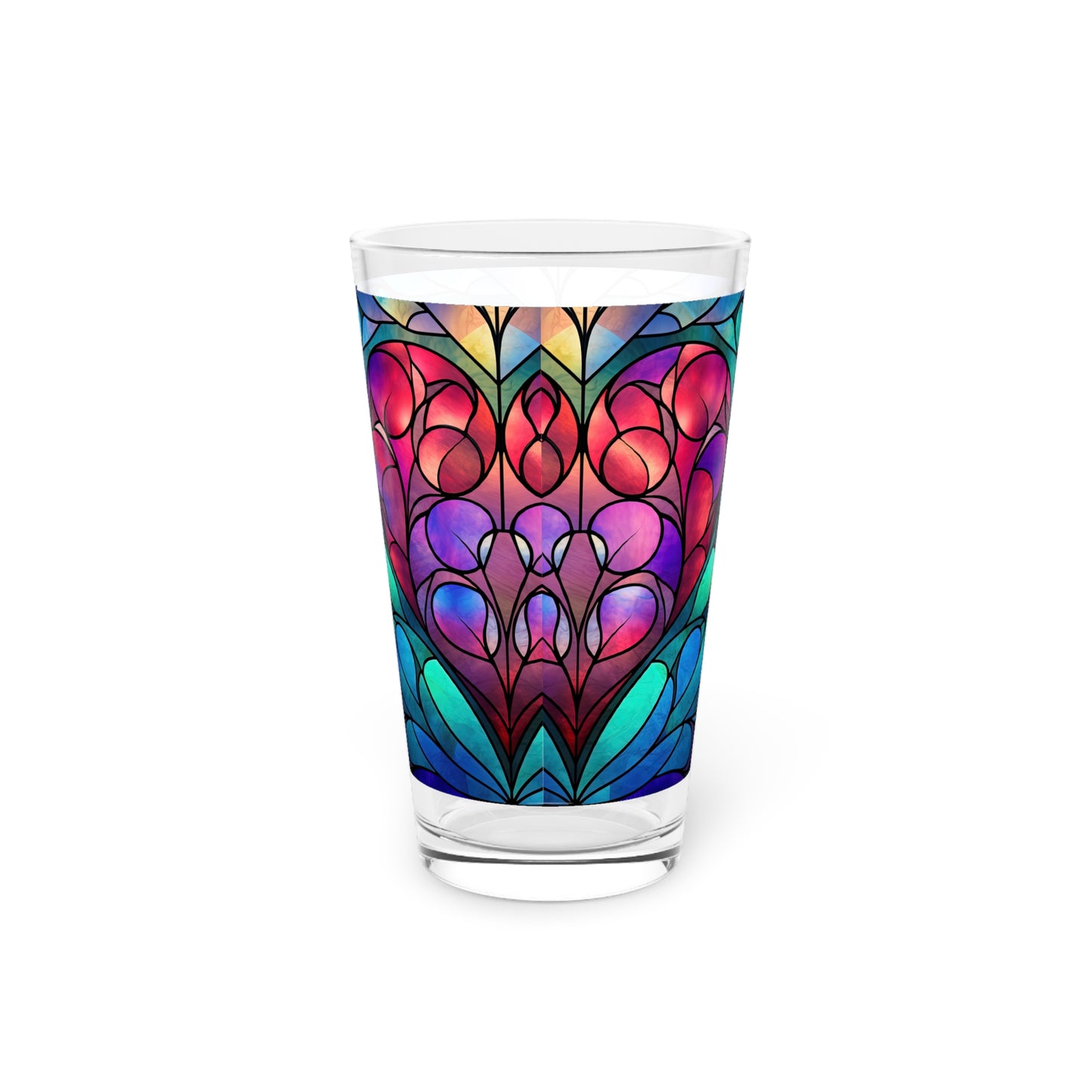 Love in Full Spectrum: A Vibrant Rainbow Heart Stained Glass artwork on a 16oz Pint Glass Gift idea gifts for home decor housewarming gift