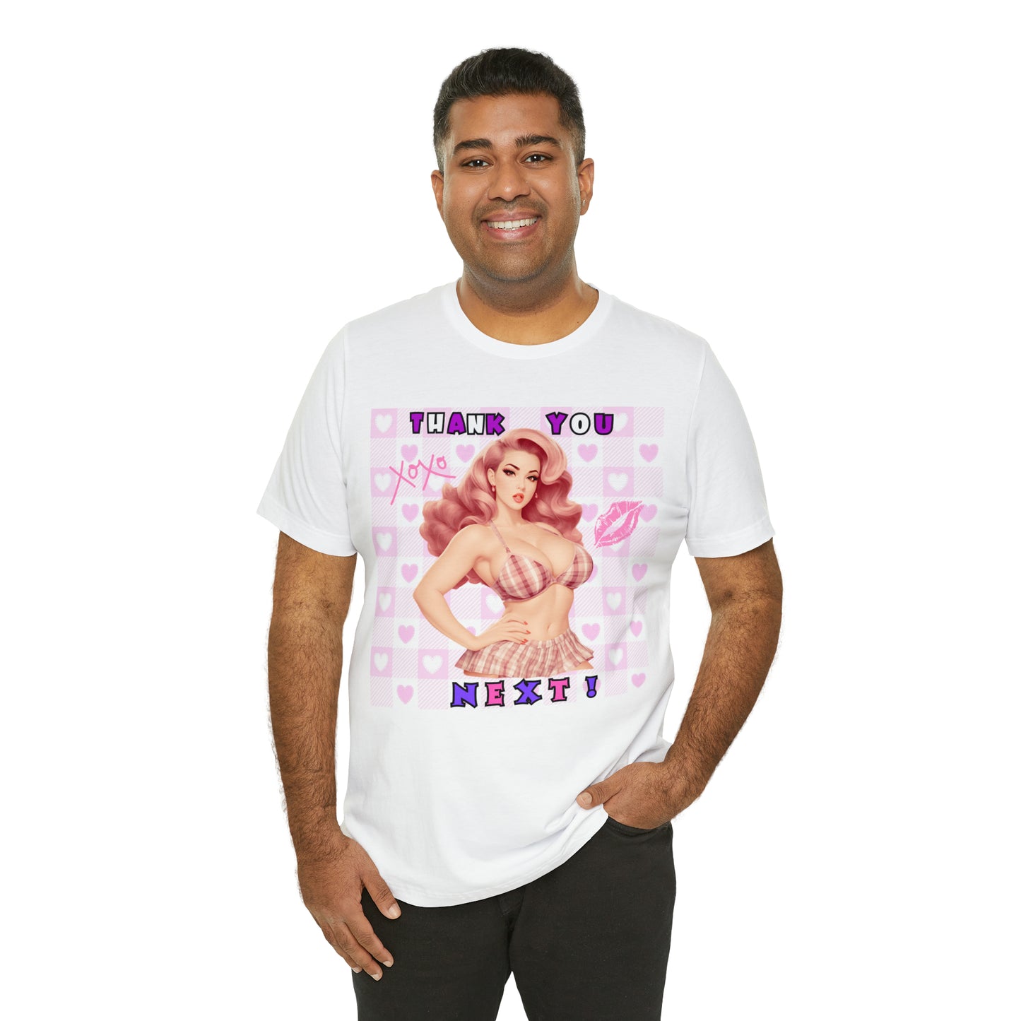 Timeless Elegance: Vintage Pink Pinup Girl "Thank You Next" on a Bella+Canva 3001 Unisex Jersey T-Shirt - A Must-Have Gift for her