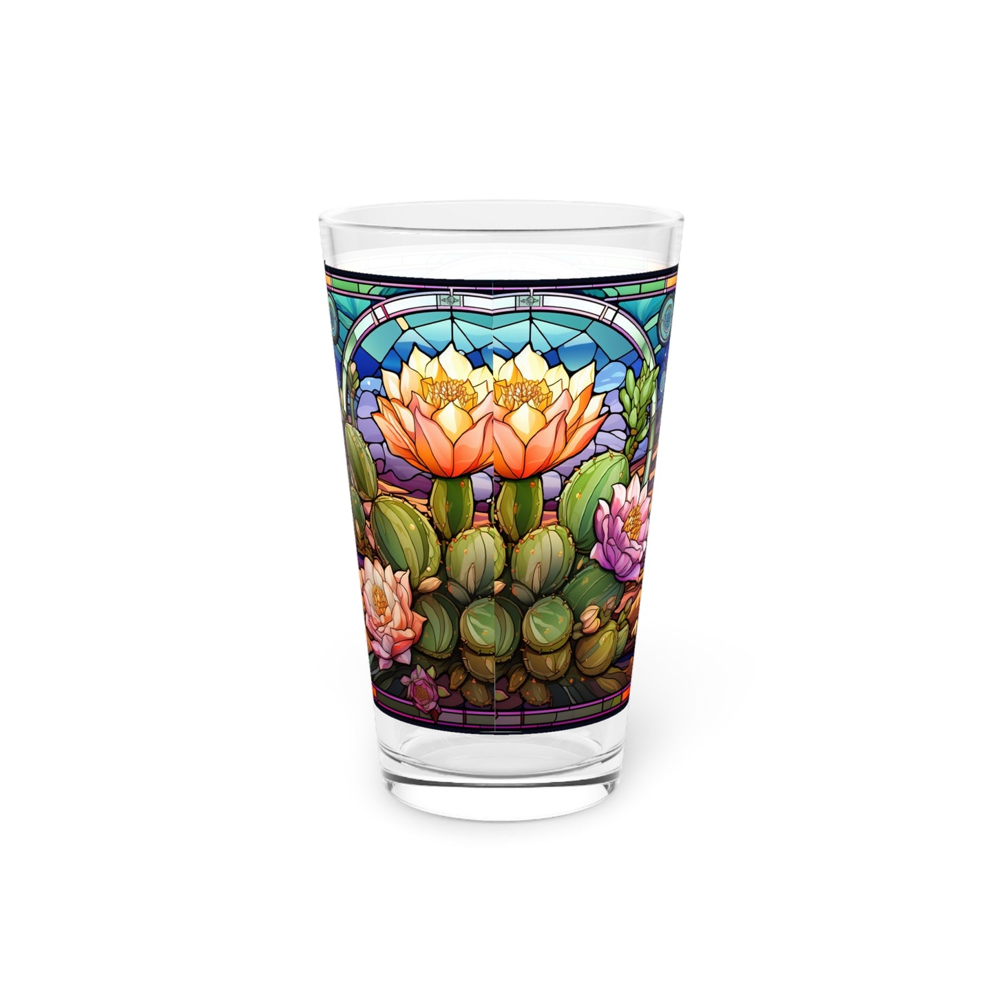 Desert Bloom: A Stained Glass Tribute to Cacti 16oz Pint Glass Gift idea gifts for home decor housewarming gift