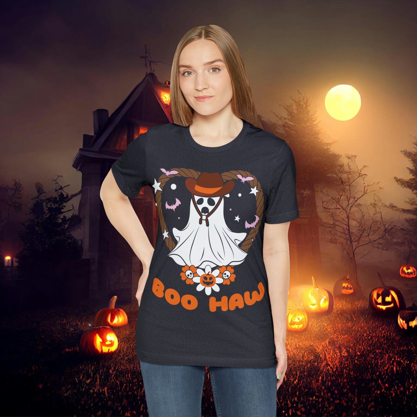 Boo Haw Retro Groovy Western Halloween Unisex Jersey Short Sleeve Tee Gifts for Him Gifts for Her