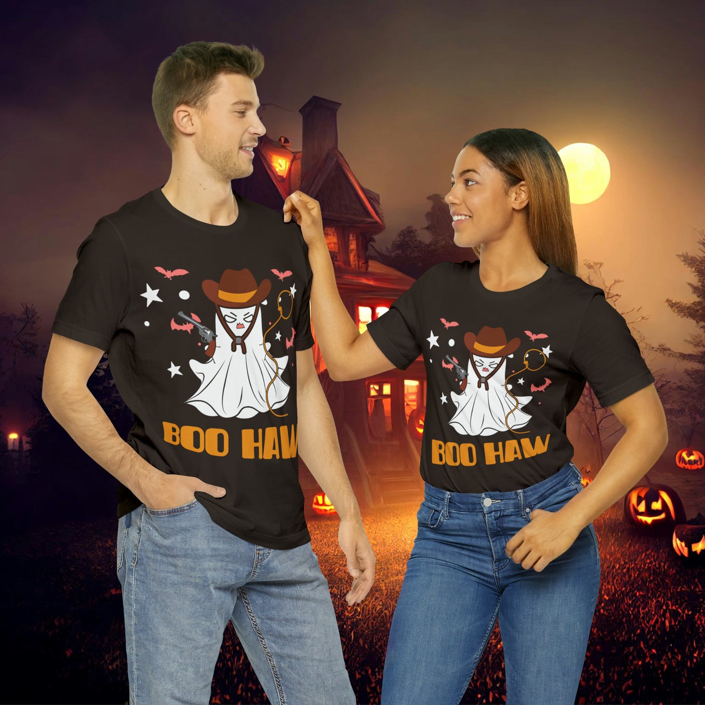 Ghost Cowboy Gunslinger saying Boo Haw Retro Western Halloween Unisex Jersey Short Sleeve Tee Gifts for Her Gifts for Him