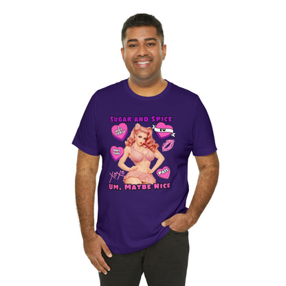 Sarcastic Elegance: Vintage Pink Pinup Girl "Sugar and Spice" on a Bella+Canva 3001 Unisex Jersey T-Shirt - A Must-Have Gift for her