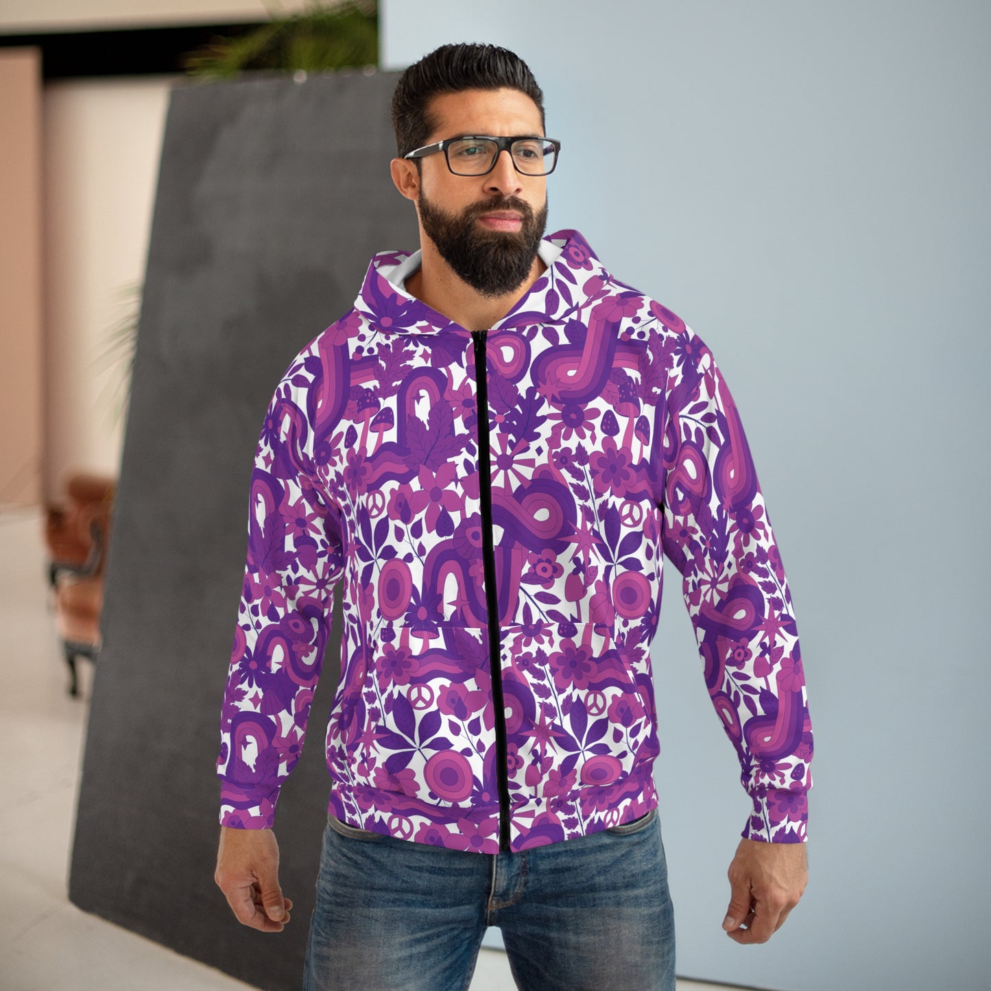 Retro Cool: Purple & Pink Groovy Vibes All Over Print Zip Hoodie