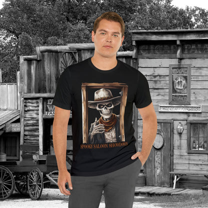 Spooky Saloon Showdown Gunslinging Skeleton Cowboy Halloween Unisex Jersey Short Sleeve Tee
