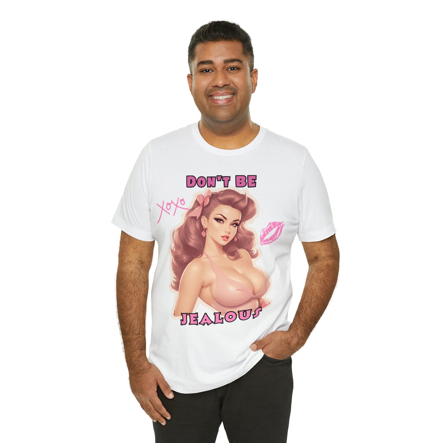 Timeless Elegance: Vintage Pink Pinup Girl "Don't Be Jealous" on a Bella+Canva 3001 Unisex Jersey T-Shirt - A Must-Have Gift for her