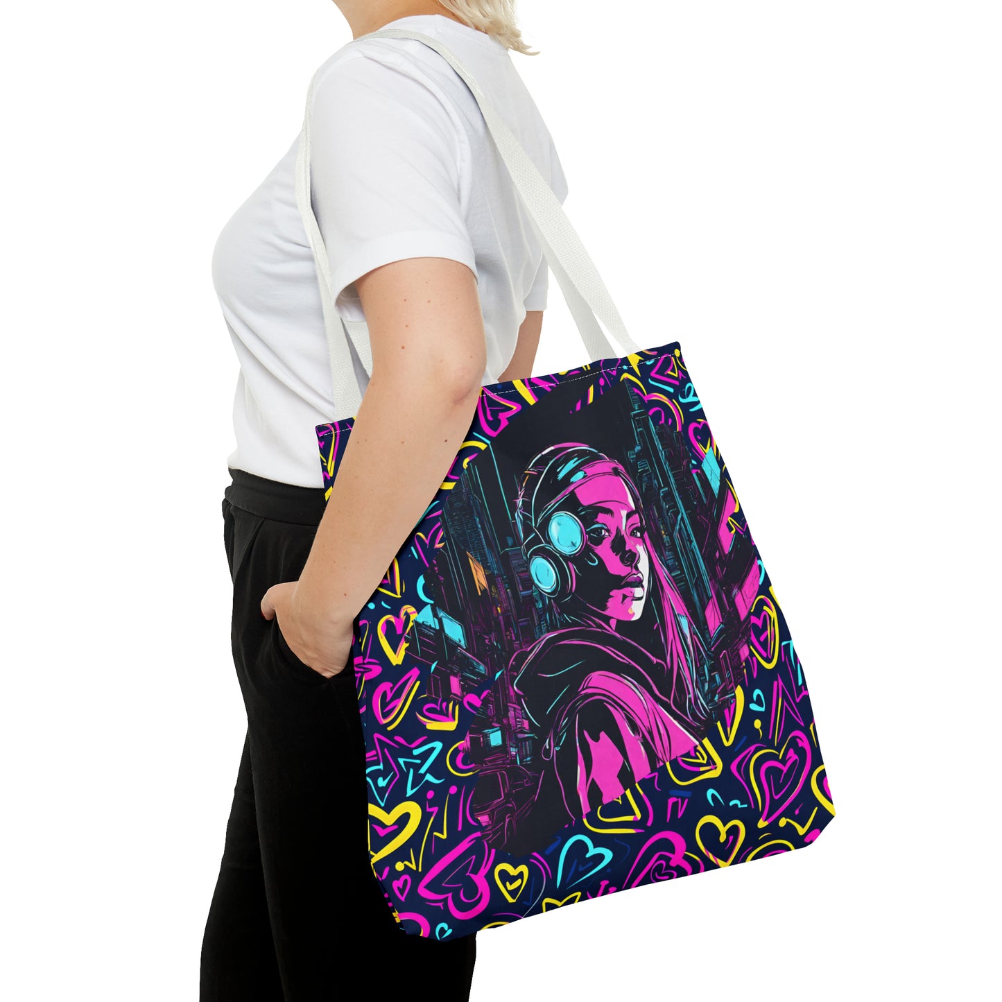 Cyberpunk Girl in Neon Graffiti Hearts AOP Tote Bag 3 sizes 5 color handle options