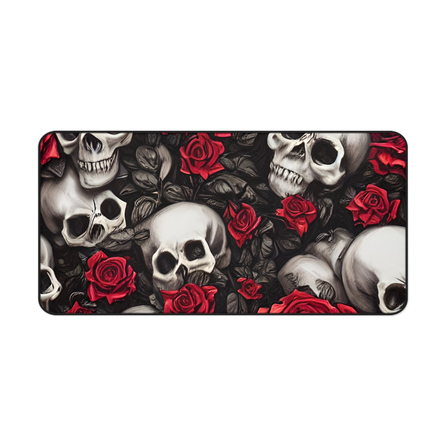 Hyper Realistic Skulls and Red Roses by artist Anne-Laure Goupil Desk Mat